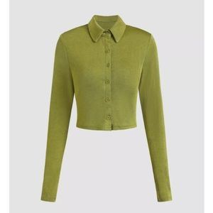 Cider Long Sleeved Green Button Down Cropped Shirt SZ L